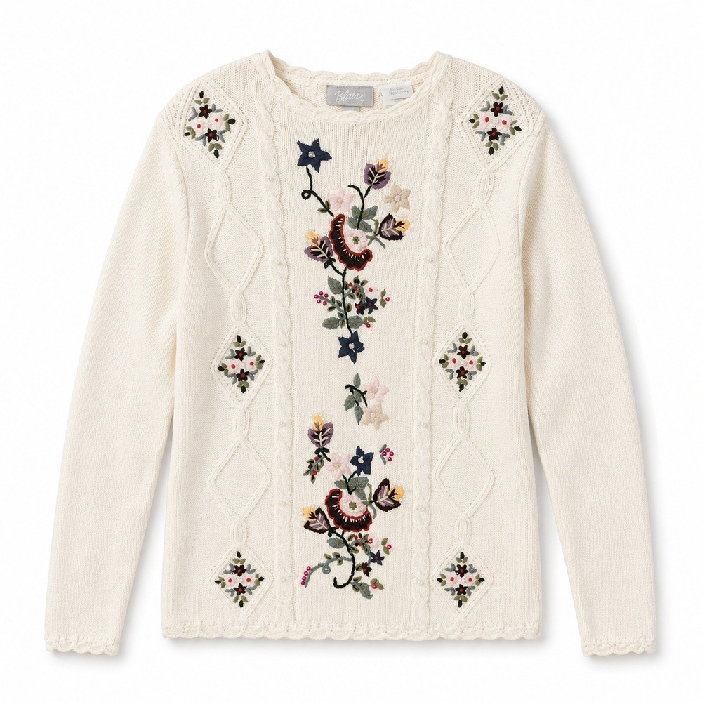 Blair Embroidered Floral Sweater Womens Medium Cream Excellent Cottagecore Bead